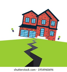 Earthquake house insurance concept flat style vector illustration. House jumping from earthquake and ground with the cracks. Natural disaster accident. Protect your building property from damage.