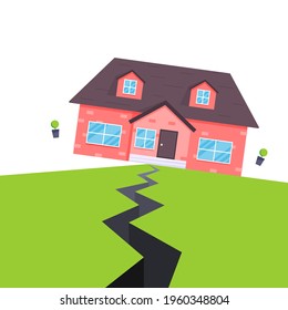 Earthquake house insurance concept flat style vector illustration. House jumping from earthquake and ground with the cracks. Natural disaster accident. Protect your building property from damage.