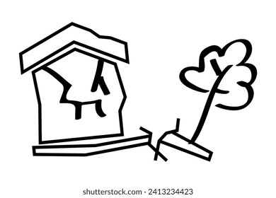 Erdbeben, Haus und Baum, Vektorhandskizze einzeln auf Weiß
