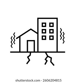 Earthquake icon, Disaster alert, Vibration building collapse warning, Line design, Vector illustration