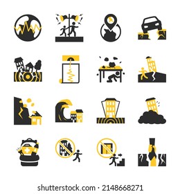 Earthquake icon set. Disaster, evacuation, emergencies, methods of escape and avoidance. Simple icons with accent color.