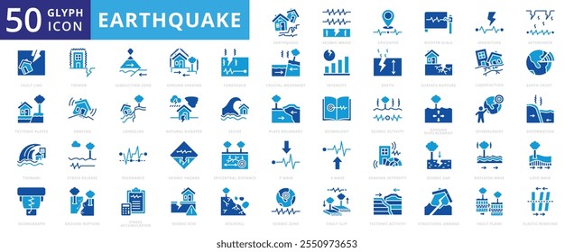 Earthquake icon set of epicenter, tsunami, natural disaster, landslide, seismic activity, resonance, rockfall, deformation, tectonic plates, tremor, magnitude, seismograph, aftershock, subduction zone