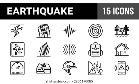 Earthquake Icon Set: Seismic Activity, Building Damage, and Safety Measures