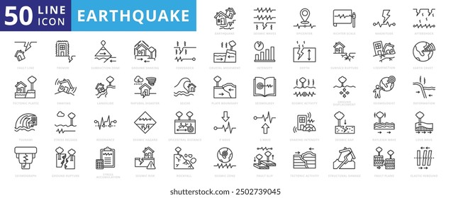 Conjunto de iconos de terremoto con ondas sísmicas, epicentro, escala, magnitud, réplica, línea de falla y placas tectónicas.