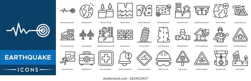 Earthquake icon set. Earthquake Waves, Cracked Earth, Tectonic Plates, Seismic Shock, Ground Fracture, Epicenter Marker and Aftershock Icon