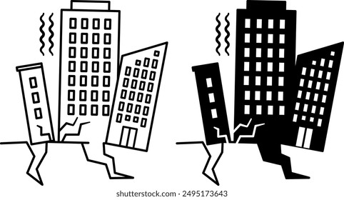 Earthquake Icons. Black and White Vector Icons. Destroyed Multi-Storey Buildings. Natural Disaster, Ecological Problem. Climate Change Concept