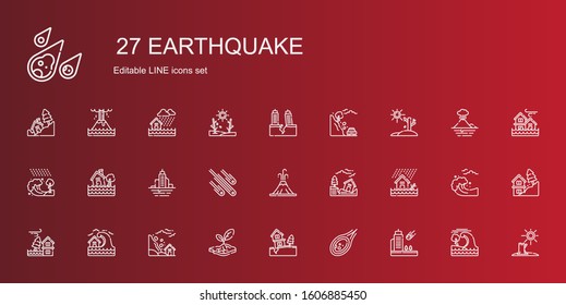 earthquake icons set. Collection of earthquake with meteorite, landslide, drought, tsunami, flood, volcano, meteorites, eruption. Editable and scalable earthquake icons.