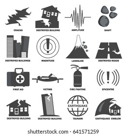 Earthquake icons set. Monochrome  signs and symbols collection. Concept of natural disaster insurance. Isolated. Vector.