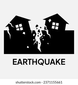 An earthquake illustration in black and white depicts two houses destroyed, with cracks, broken wall, and the ground shattered.