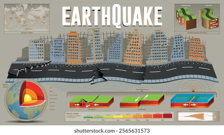 Earthquake infographic. Destroyed buildings and fragmented street surrounded by plate tectonic shift data against grey background