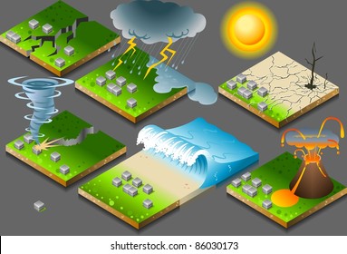 Earthquake Isometric Nature Disaster Flood Tiles. Tornado. Tsunami Inundation. Isometric Drought barren concept Tsunami Earthquake Icon Disaster Picture. Flood Illustration 3d Disaster Vector Nature