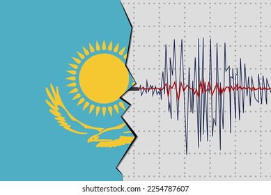 Earthquake in Kazakhstan, natural disasters news banner idea, quake in Kazakhstan, seismic wave with flag, vector design, seismograph or seismometer, earthquake vibration concept