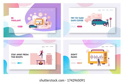 Earthquake Landing Page Template Set. Characters Evacuate from Crashing Building, Hiding under Table, Scientists Learn Richter Scale Seismic Activity, Car on Street. Cartoon People Vector Illustration