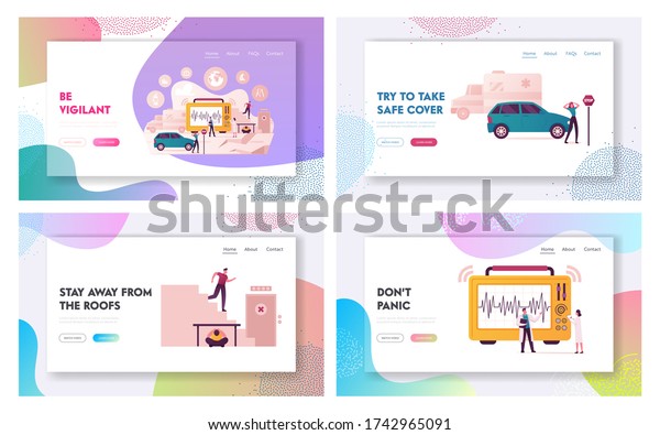 Earthquake Landing Page Template Set.\
Characters Evacuate from Crashing Building, Hiding under Table,\
Scientists Learn Richter Scale Seismic Activity, Car on Street.\
Cartoon People Vector\
Illustration