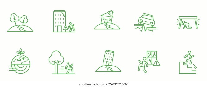 Earthquake line Icon Set.nature, tremor, seismic, fault, shake, damage, alert, warning, . Vector Illustration