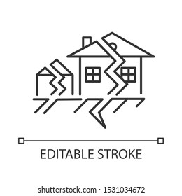 Earthquake linear icon. Seismic activity. Temblor buildings destruction. Cracked ground and houses. Thin line illustration. Contour symbol. Vector isolated outline drawing. Editable stroke