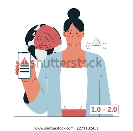 Earthquake magnitude chart. Richter scale of natural disaster or cataclysm. Seismological activity infographic. Female character during dangerous vibrations. Flat vector illustration Foto stock © 