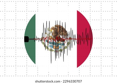 Earthquake in Mexico concept, seismic wave with flag, natural disasters news banner idea, quake in Mexico, vector design, seismograph or seismometer, earthquake vibration