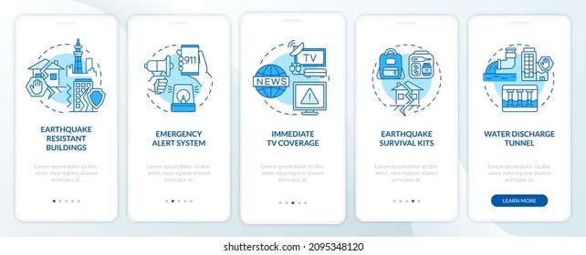 Pantalla azul de aplicación móvil de mitigación del terremoto. Recorrido de Japón 5 pasos de páginas de instrucciones gráficas con conceptos lineales. UI, UX, plantilla GUI. Multitud de tipos de letra Pro-Bold, con uso regular