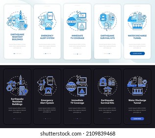 Earthquake mitigation night and day mode onboarding mobile app screen. Walkthrough 5 steps graphic instructions pages with linear concepts. UI, UX, GUI template. Myriad Pro-Bold, Regular fonts used