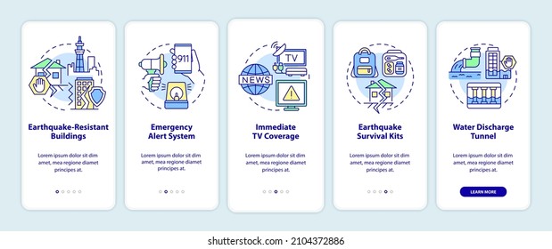 Earthquake mitigation strategies Japan onboarding mobile app screen. Walkthrough 5 steps graphic instructions pages with linear concepts. UI, UX, GUI template. Myriad Pro-Bold, Regular fonts used