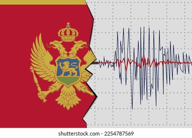 Terremoto en Montenegro, idea de pancarta de noticias sobre desastres naturales, sismo en Montenegro, ola sísmica con bandera, diseño vectorial, sismógrafo o sismómetro, concepto de vibración por terremotos