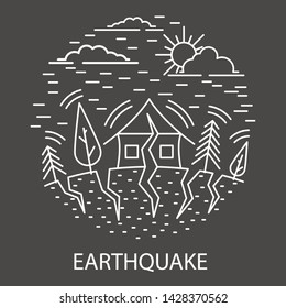 Earthquake Natural Disaster circle banner in linear style. Black and white. House and earth with big crack. Vector illustration.