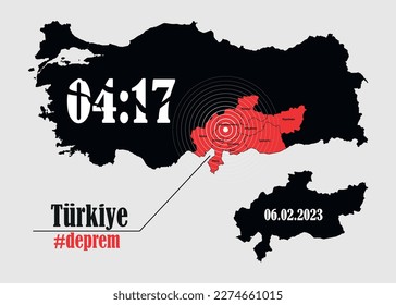 Earthquake, natural disaster February 6 deprem. Tragedy in black, red, white. Vector illustration.