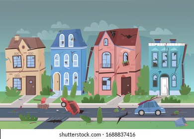 Earthquake nature disaster in small city flat cartoon vector illustration concept. Damaged house facades. Destroyed buildings, broken windows, car in crack, felled trees