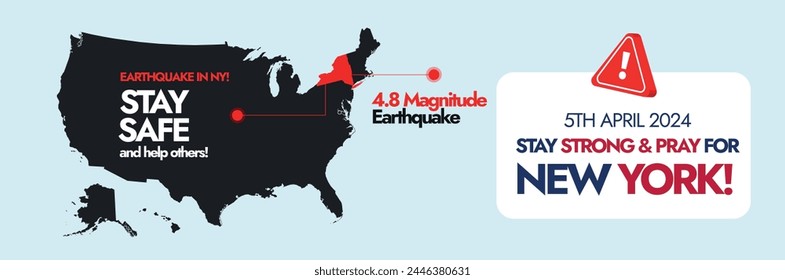 Terremoto en el Nuevo Anuncio de York con el mapa de Nueva York o EE.UU. y el icono de alerta. 5 de abril de 2024. Terremoto en NY. Mantente A Salvo. Terremoto resaltó el área de Nueva York. Nuevo concepto del terremoto de York en el mapa agrietado