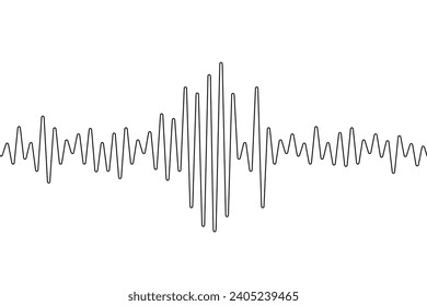 Terremoto una línea continua. Arte de una sola línea de polígrafo. Onda de contorno. Patrón de ondas negras aisladas en fondo blanco. Sismógrafo onelino. Doodle de sonido. Mentira del detector. Escala más rica. Vector 