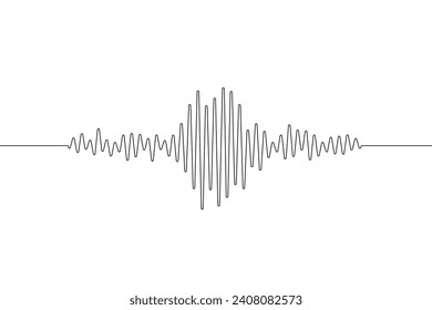 Earthquake one continuous line. Polygraph single line art. Outline wave. Black waves pattern isolated on white background. Oneline seismograph. Sound hand draw audio podcast. Vector illustration