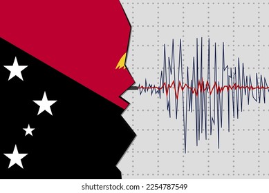 Earthquake in Papua New Guinea, natural disasters news banner idea, quake in Papua New Guinea, seismic wave with flag, vector design, seismograph or seismometer, earthquake vibration concept