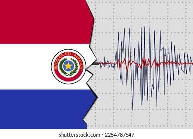 Earthquake in Paraguay, natural disasters news banner idea, quake in Paraguay, seismic wave with flag, vector design, seismograph or seismometer, earthquake vibration concept
