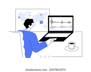 Earthquake prediction abstract concept vector illustration. Man studying seismic activity, diagrams on screen, ecology industry, environmental science, earthquake prevention abstract metaphor.