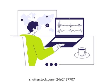 Earthquake prediction abstract concept vector illustration. Man studying seismic activity, diagrams on screen, ecology industry, environmental science, earthquake prevention abstract metaphor.