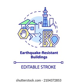 Earthquake resistant buildings concept icon. Seismic proof structures abstract idea thin line illustration. Isolated outline drawing. Editable stroke. Roboto-Medium, Myriad Pro-Bold fonts used