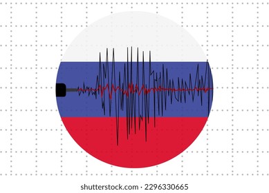 Concepto de terremoto en Rusia, ola sísmica con bandera, idea de banner de noticias sobre desastres naturales, terremoto en Rusia, diseño vectorial, sismógrafo o sismómetro, vibración por terremotos