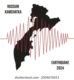 Earthquake in russian kamchatka poster template design in trendy minimal style. Black silhouette Kamchatka region map isolated transparent with magnitude line. Simple vector for web,  poster banne