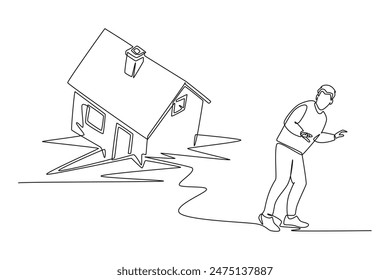 Earthquake safety concept. Single line draw design vector graphic illustration.