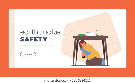 Earthquake Safety Landing Page Template. Woman With Newborn Baby Seeks Shelter Under Table, Protecting Herself And Her Child From Falling Debris. Female Character Observe Safety Rules, Illustration