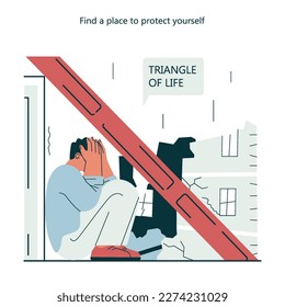 Normas de seguridad para terremotos. Contramedidas e instrucción en caso de emergencia. Banner educativo con acción y consejo de precaución. Ilustración vectorial plana