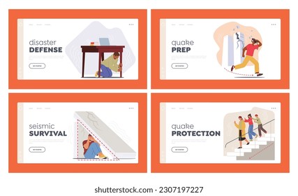 Earthquake Safety Rules Landing Page Template Set. Characters Cover, Stay Away From Windows. Plan Evacuation, Secure Heavy Furniture, Avoid Elevator, Stay Calm. Cartoon People Vector Illustration