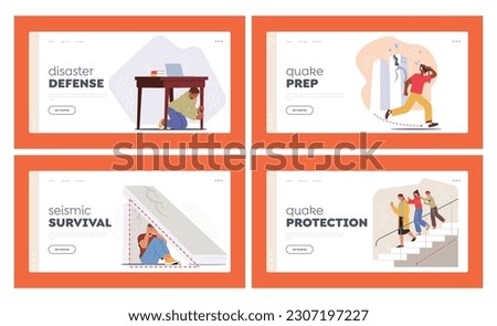 Earthquake Safety Rules Landing Page Template Set. Characters Cover, Stay Away From Windows. Plan Evacuation, Secure Heavy Furniture, Avoid Elevator, Stay Calm. Cartoon People Vector Illustration