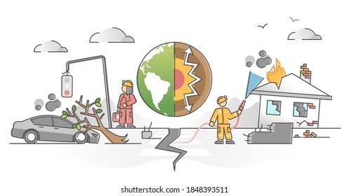 Earthquake seismic waves destruction with emergency services outline concept. Damage in epicenter with house collapse or victims rescue vector illustration. Weather catastrophe with nature force scene