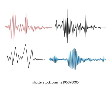 Earthquake seismogram waves set. Seismograph vibration recording chart collection. Polygraph lie detector diagram record. Audio wave, wind or tempetature measurement graph. Vector illustration.