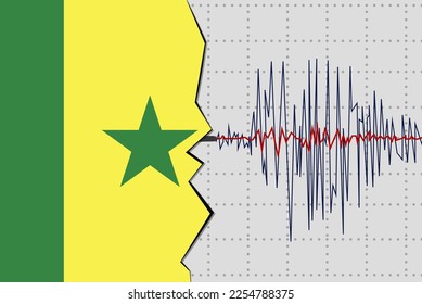 Earthquake in Senegal, natural disasters news banner idea, quake in Senegal, seismic wave with flag, vector design, seismograph or seismometer, earthquake vibration concept