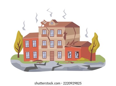 Earthquake shaking of ground and damaging houses, roads and nature. Destruction of home, natural disasters and cataclysm, catastrophes. Vector in flat style