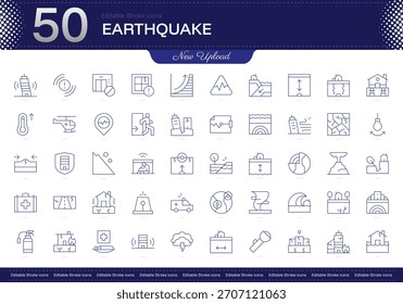 Erdbebenschlagsymbol. Erdbebenliniensymbolsatz. bearbeitbares Strichsymbolpaket. Paket von Symbolen für Linien, dünn und linear. Vollständig anpassbar
