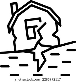 Icono de la línea delgada del terremoto: resquebrajarse en el suelo bajo la casa. Destrucción de edificios. Desastre natural, catástrofe. Ilustración vectorial.